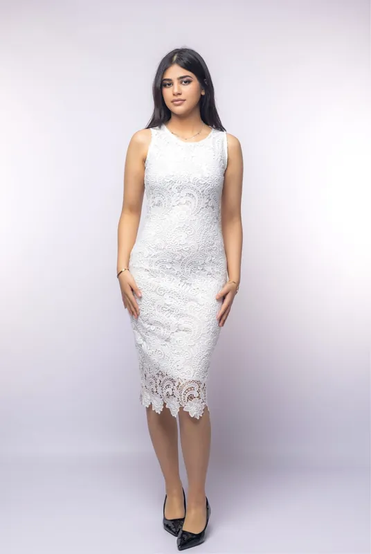 White Lace Semi-Formal Sleeveless Midi Dress