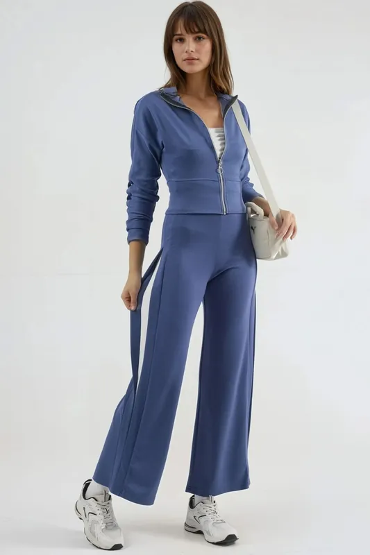 Modal Touch High Waist Wide Leg Two-Piece Set with Zipper Collar