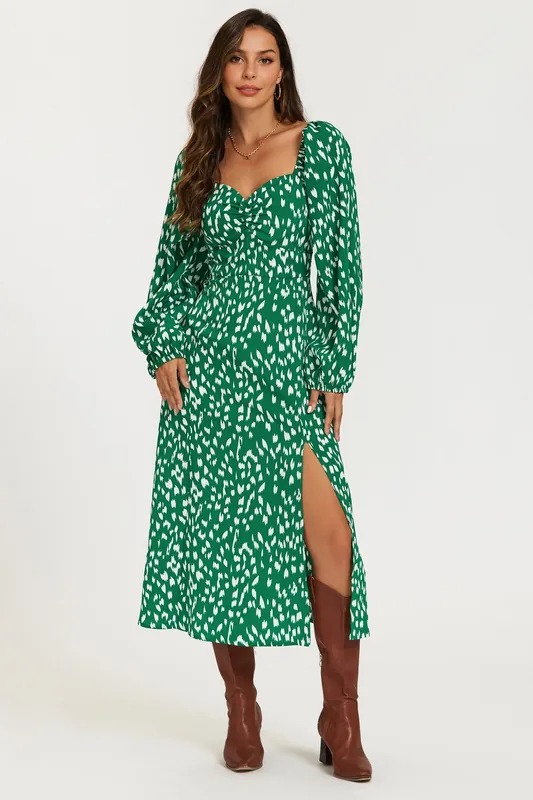 Brushstroke Print Long Sleeve Heart Neckline Midi Dress In Green - FS Collection