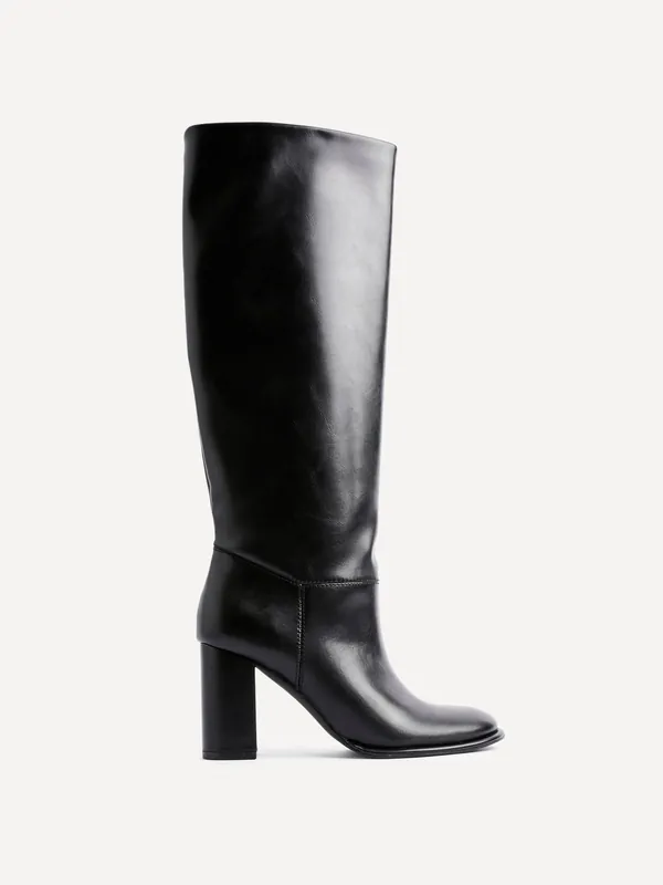 Cole Black Faux Leather Pull-On High Leg Block Heeled Boots