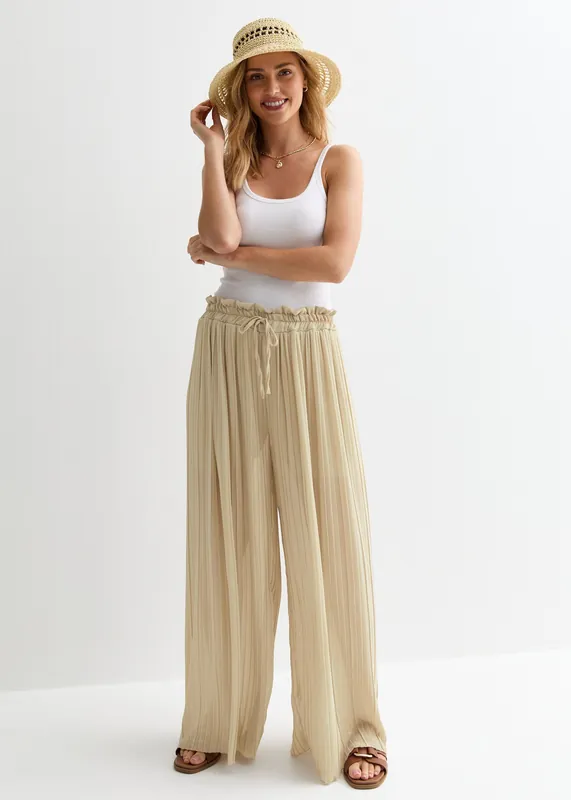 Beige Elasticated Waist Plisse Wide Led Trouser - Gini London