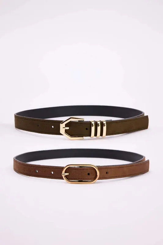 Double Pack Gold Buckle Faux Suede Slim Fashion Belt - WOVCOR