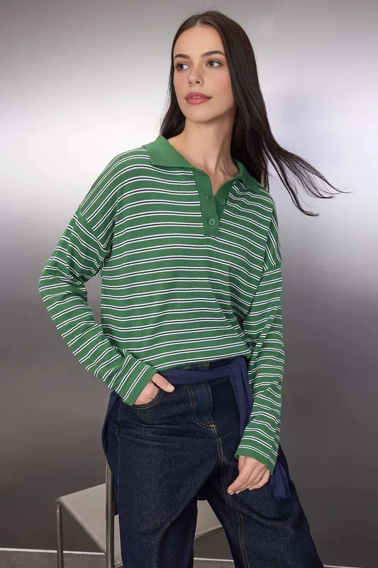 Loose Fit Striped Long Sleeve Knit Sweater with Polo Collar - WOVCOR