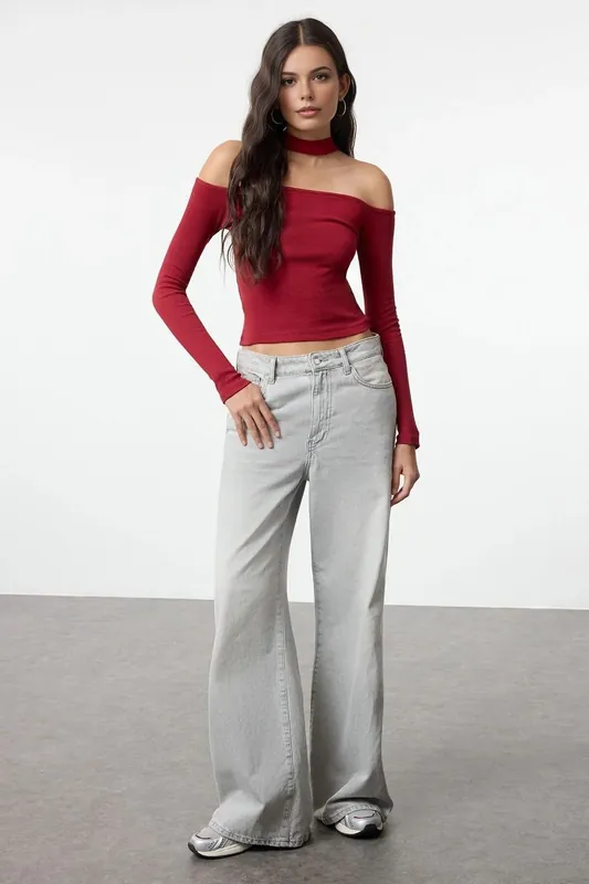 Choker Detailed Fitted Crop Ribbed Knit Blouse - WOVCOR