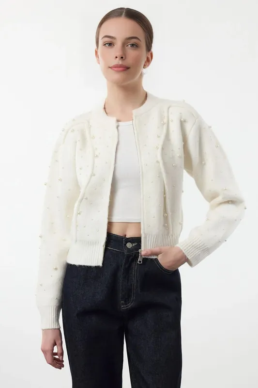 Textured Knit Zipper Cardigan With Stone Embellishment - WOVCOR