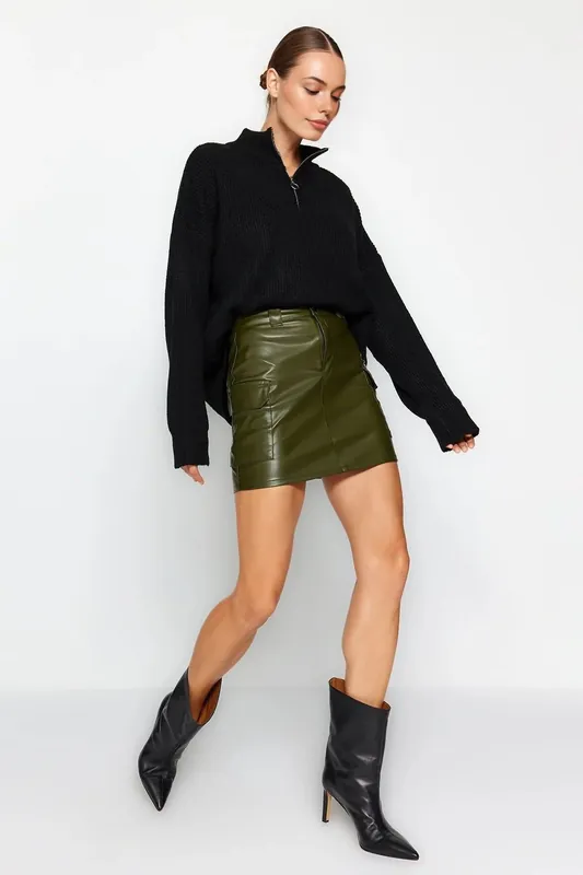 High Waist Faux Leather Mini Cargo Skirt with Pocket Detail - WOVCOR