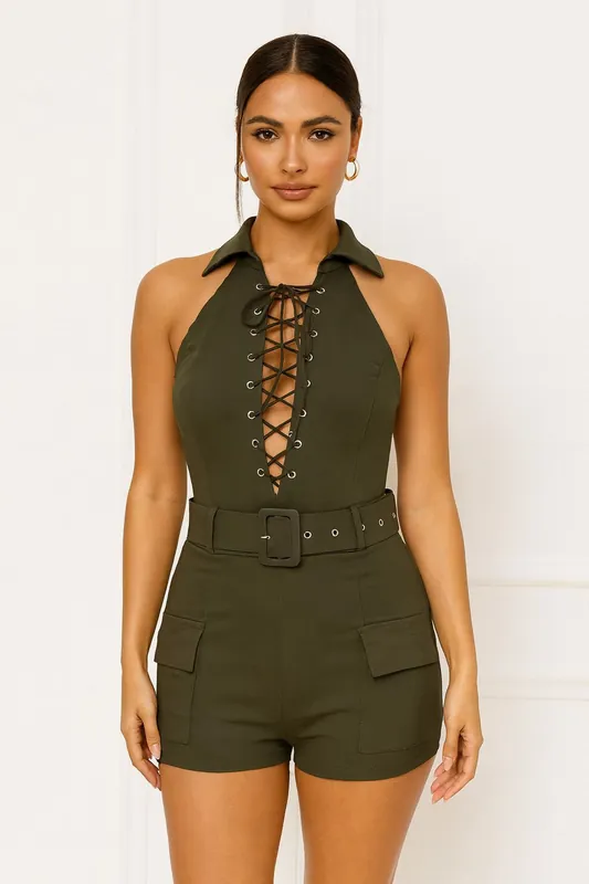 Lace-Up Front Cargo Playsuit with Matching Belt - Stretch - Playsuit