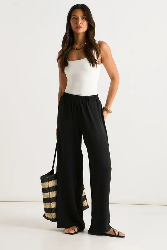 Black Elastic Waist Wide Leg Trousers - Gini London