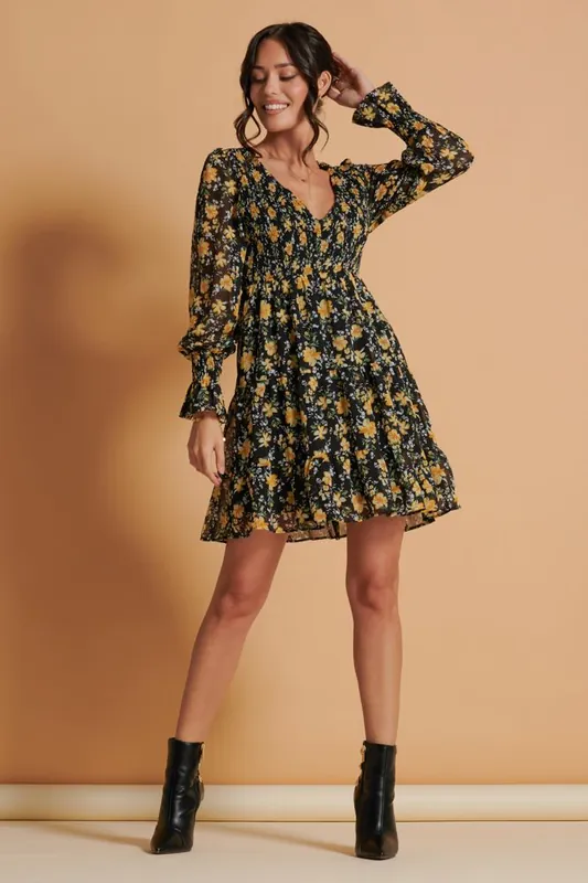 V Neck Shirred Detail Chiffon Dress - Jolie Moi