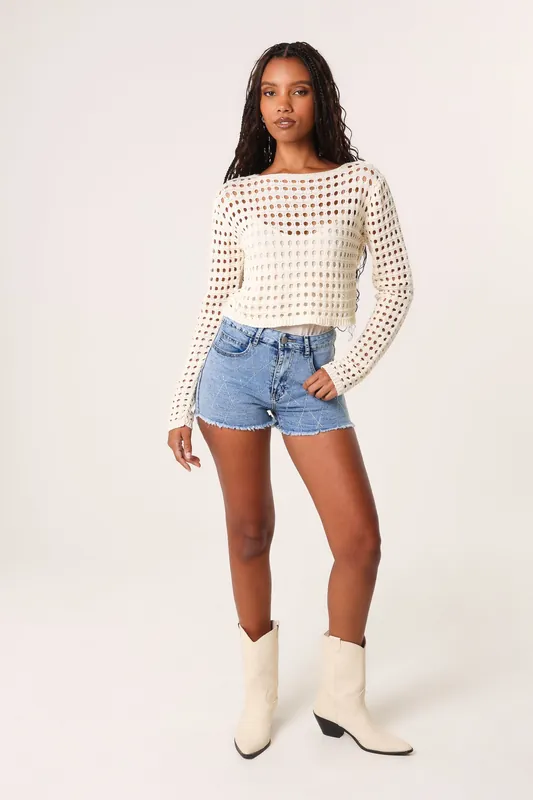 Stone Long Sleeve Crochet Top - Pink Vanilla