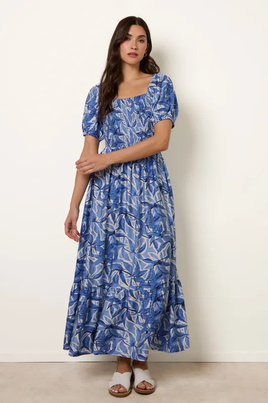 Blue Large Floral Printed Square Neck Puff Sleeve Dress - Blue Vanilla
