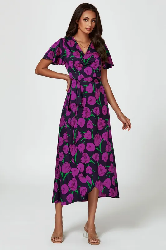 Floral Print Satin Wrap Maxi Dress In Magenta - FS Collection