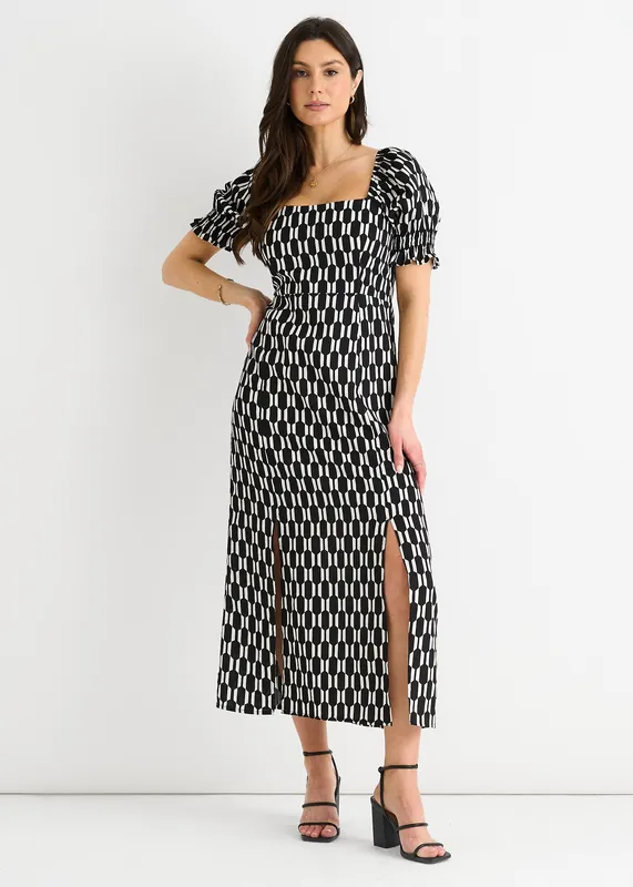 Black Geo Print Square Neck Midi Dress - Gini London