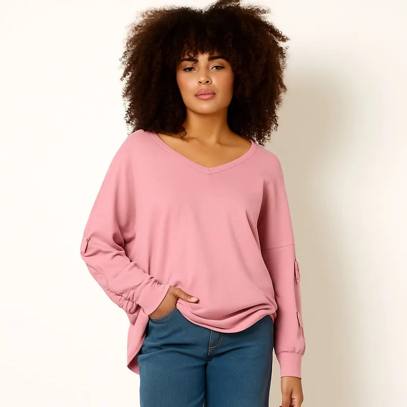 Pink Loop Back Sweat Bow Sleeve Raw Edge V Neck Top - Blue Vanilla