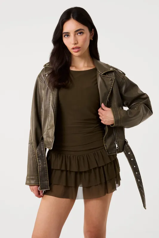 Khaki Crew Neck Tiered Mini Dress With Shorts - Pink Vanilla