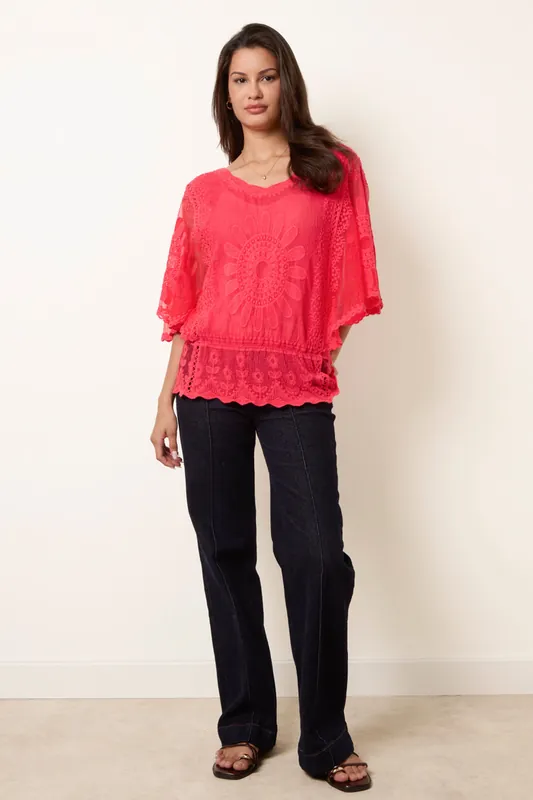 Coral Sun Flower Lace Sleeve Blouse - Blue Vanilla
