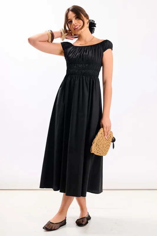 Black Cotton Shirred Bardot Midi Dress - Needs No Label