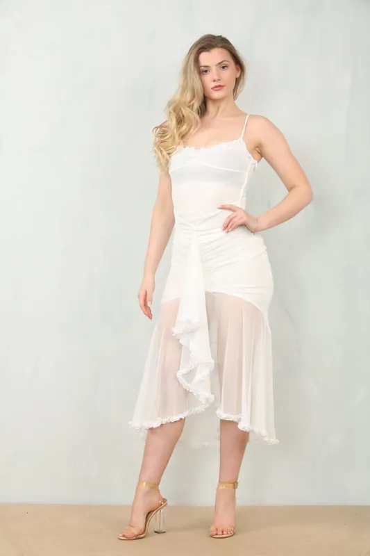 Ruched Bodycon Mesh Classic Party Midi Dress - AVINCI