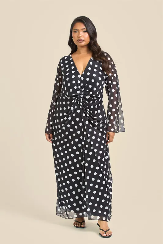 Curve Twist Front Polka Dot Mesh Midi Dress - FASHION-SZN