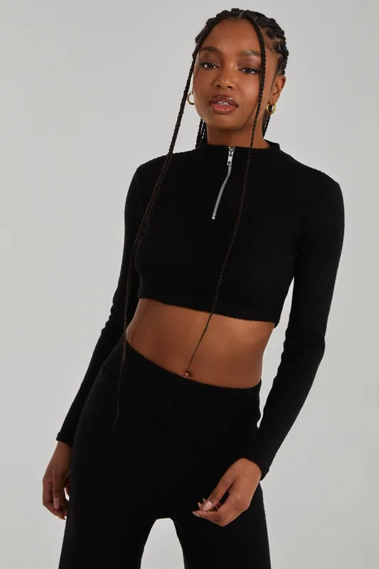 Chunky Brushed Rib Zip Up Top - Pink Vanilla