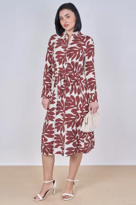 Coral Leaf Print Belted Midi Shirt Dress - Love Sunshine