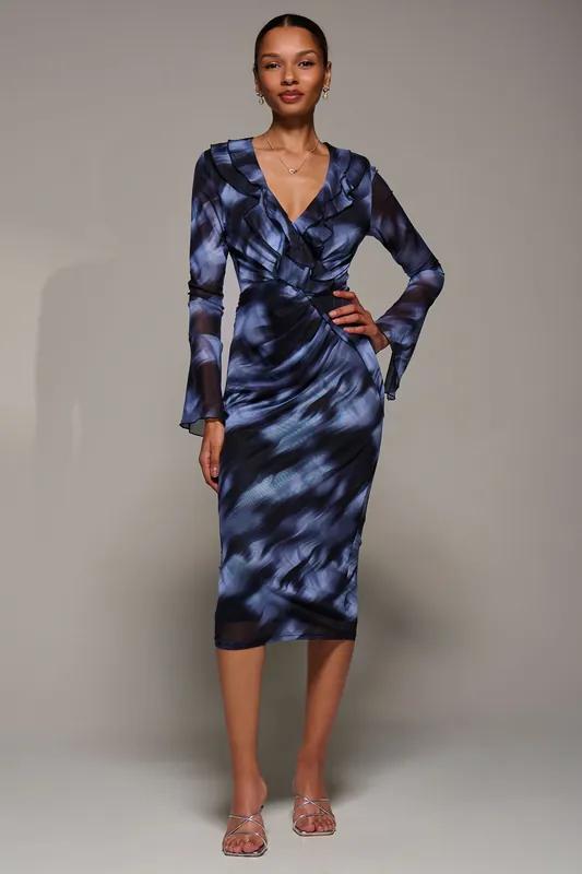 Ruffle V-Neckline Mesh Bodycon Midaxi Dress