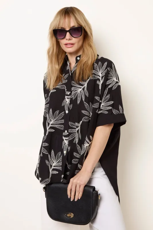 Black Embroidered Front Oversized Shirt - Blue Vanilla