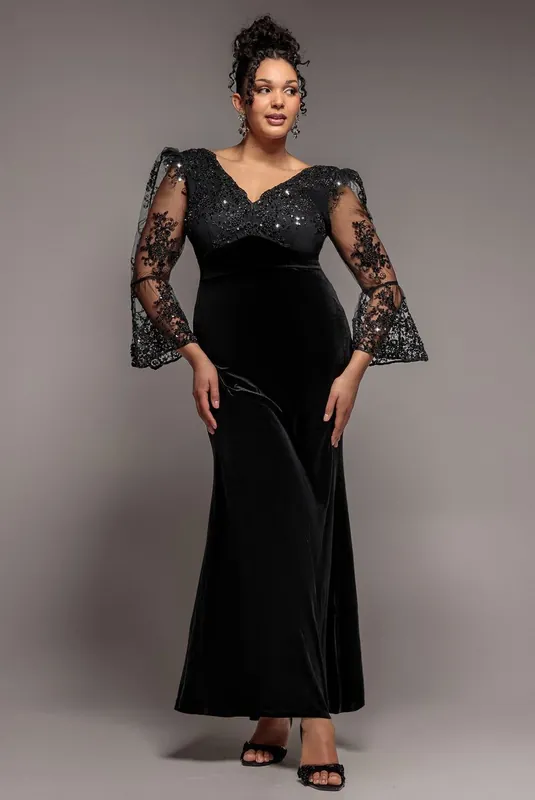 Scalloped Lace & Velvet Maxi Dress - Goddiva