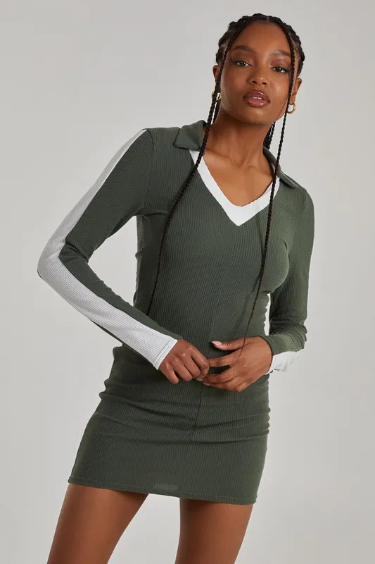 Ribbed Sports Stripe Collared Dress - Pink Vanilla