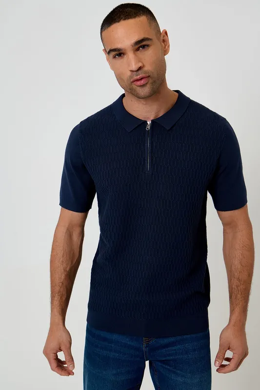 Textured Knit Quarter Zip Polo - Threadbare