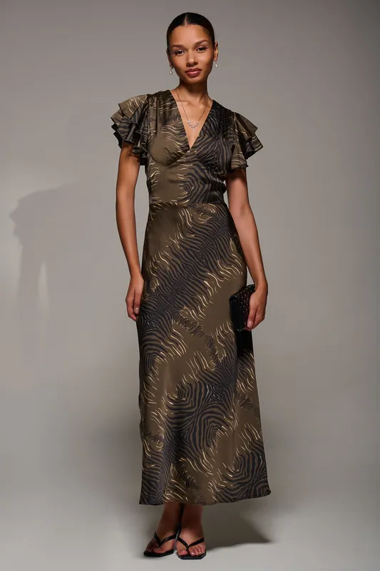 Ruffle Sleeve Print Satin Maxi Dress - Jolie Moi