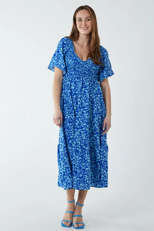 Shirred Bust Midi Dress With Angel Sleeves - Blue Vanilla