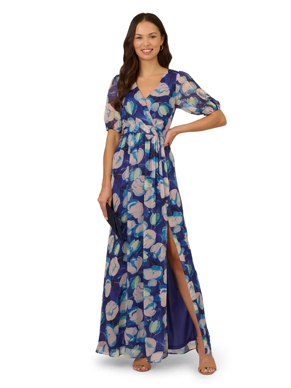 Crinkle Chiffon Floral Gown - Adrianna Papell