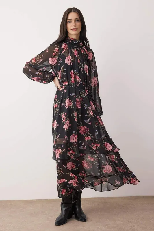 Floral Print Lined Chiffon Maxi Dress - WOVCOR