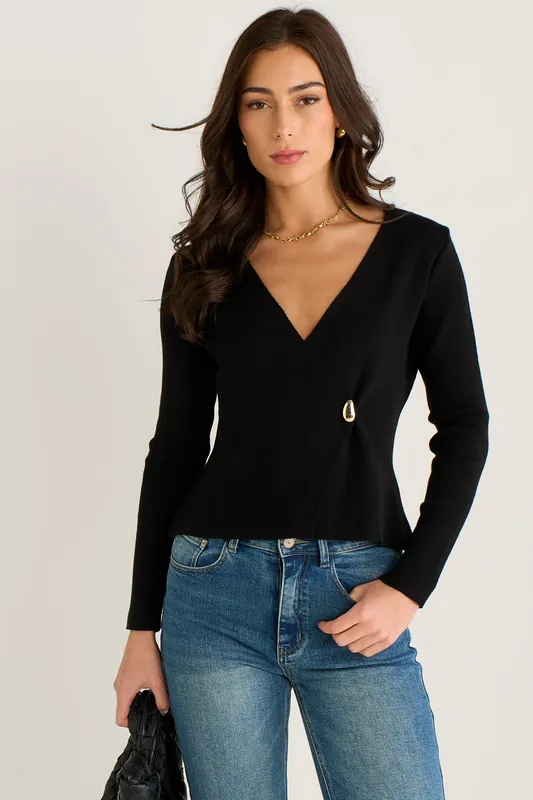 Black Button Wrap Compact Knit Cardigan - Gini London