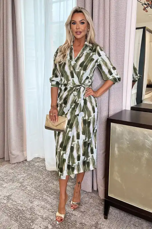 Khaki Brush Stroke Print 3/4 Sleeve Tie Waist Wrap Shirt Midi Dress - AX Paris