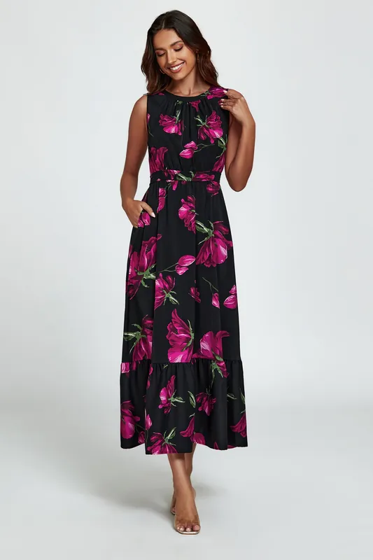 Floral Print Halterneck Maxi Dress In Black - FS Collection