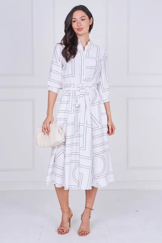 White Contemporary Line Print Shirt Dress - Love Sunshine