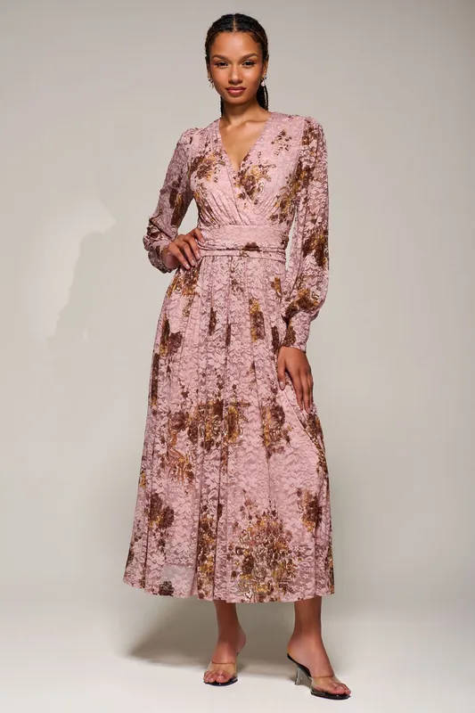 Long Sleeve Printed Lace Midaxi Dress - Jolie Moi