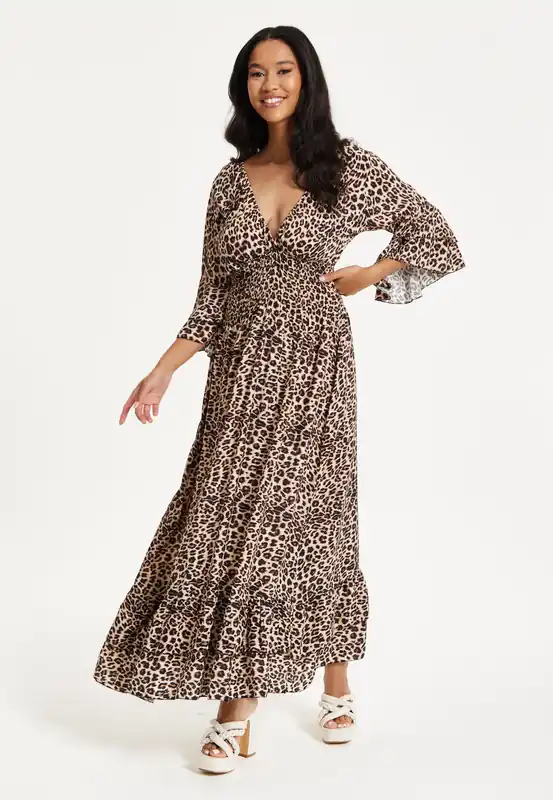 Leopard Print Flared Sleeve Maxi Dress - Liquorish