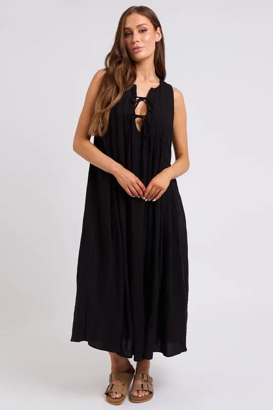 Tie Front Linen-Blend Pleated Maxi Dress