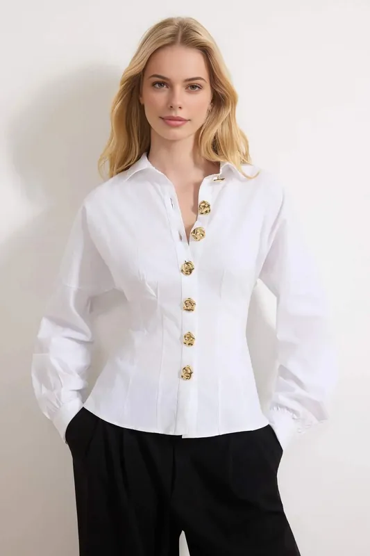 Gold Hardware Detail Cotton Fitted Batwing Sleeve Shirt - WOVCOR