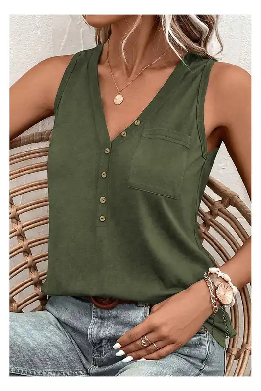 Jungle Green Half Button V Neck Patched Pocket Tank Top - Everyday The Label
