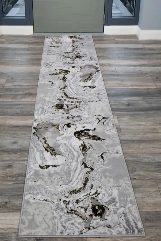 Runner Rug Grey Gold Metallic Distressed Marble Long Hallway Rugs - Kukoon