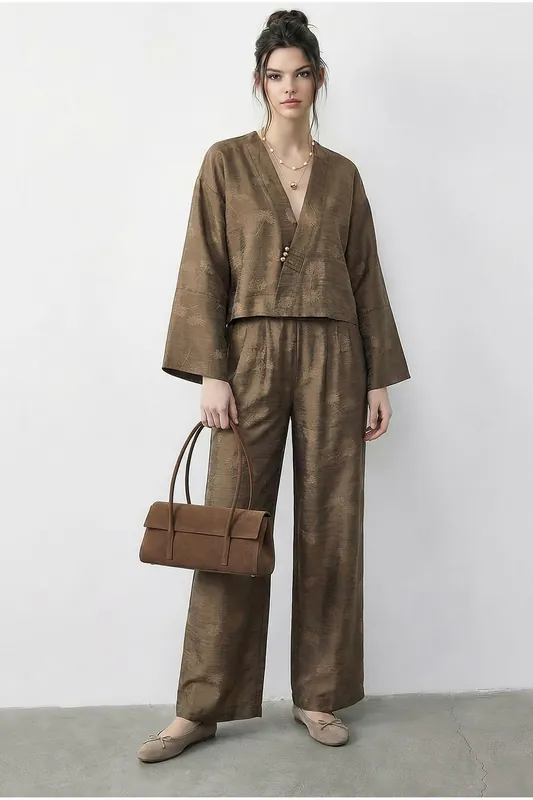 Floral V-Neck Oversized Kimono and Wide Leg Pants Set
