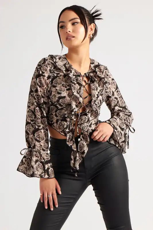 Floral Lattice Front Ruffle Top - Urban Bliss