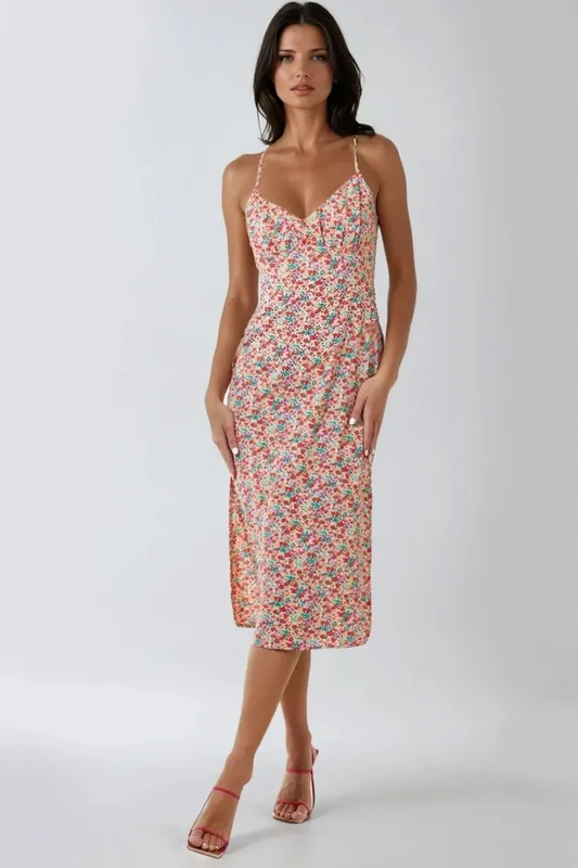 Floral Strappy Midi Dress With Ties - Aftershock London