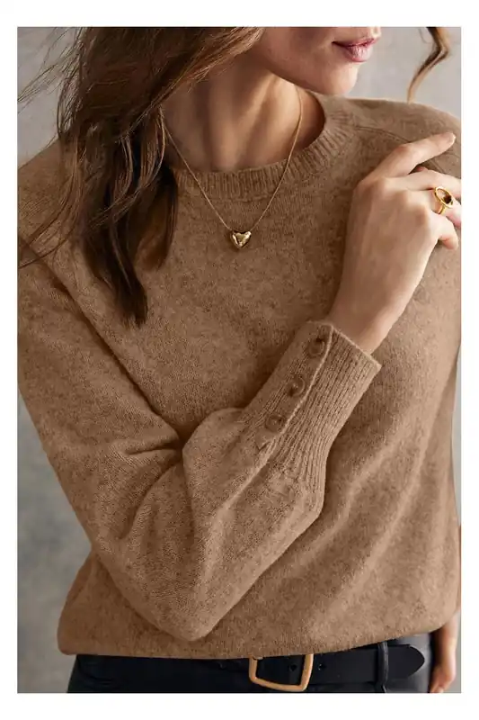 Camel Buttoned Bishop Sleeve Crew Neck Sweater - Everyday The Label