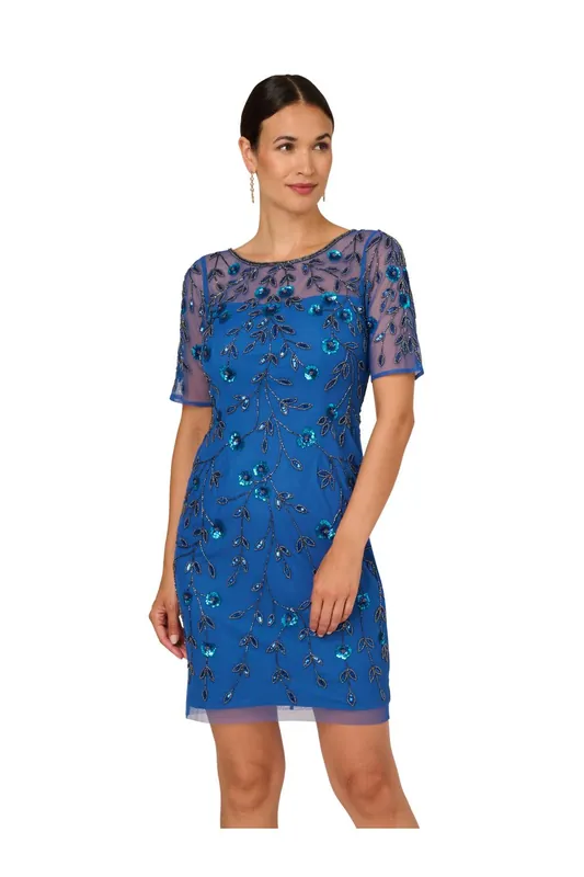 Beaded Floral Short Dress - Adrianna Papell