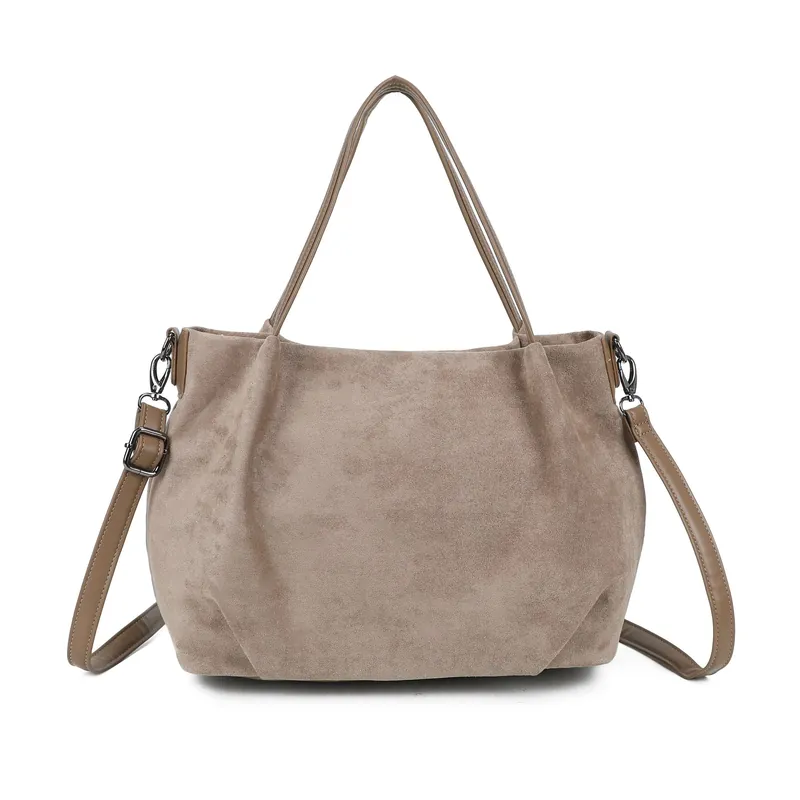 Faux Suede Shoulder Tote Bag with Top Handles - Kitise